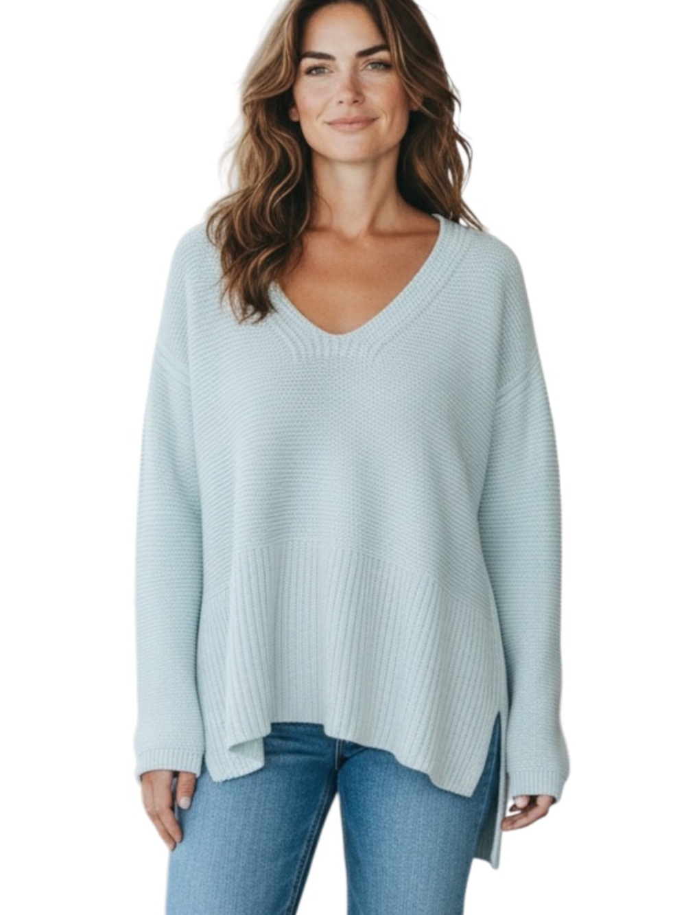 Lord & Taylor Light Mint Green Cotton V-Neck Split Hem Ribbed Sweater (S)